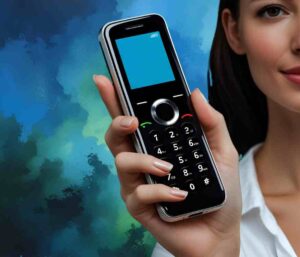 Kvinna med telefon som slår in SMS-lån nummer